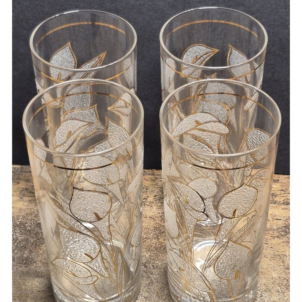 Set Of 4 Vintage MCM Hi-Ball Glasses Calla Lilies Barware Entertaining